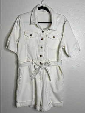 Ave  Les Filles White Denim Romper Size L Utility Belted Button Front Summer